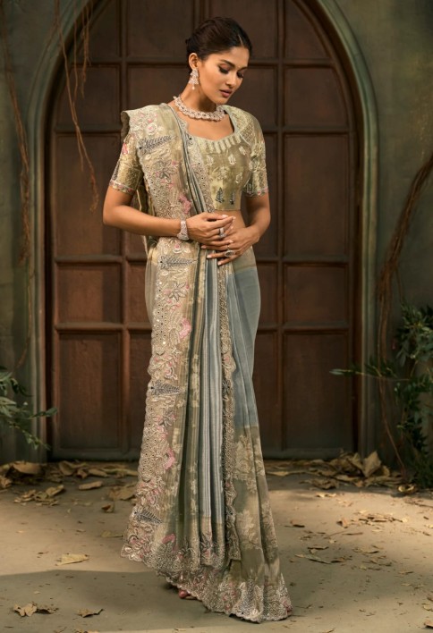 Steel Grey and Sage Green Handwork Pure Silk Designer Saree